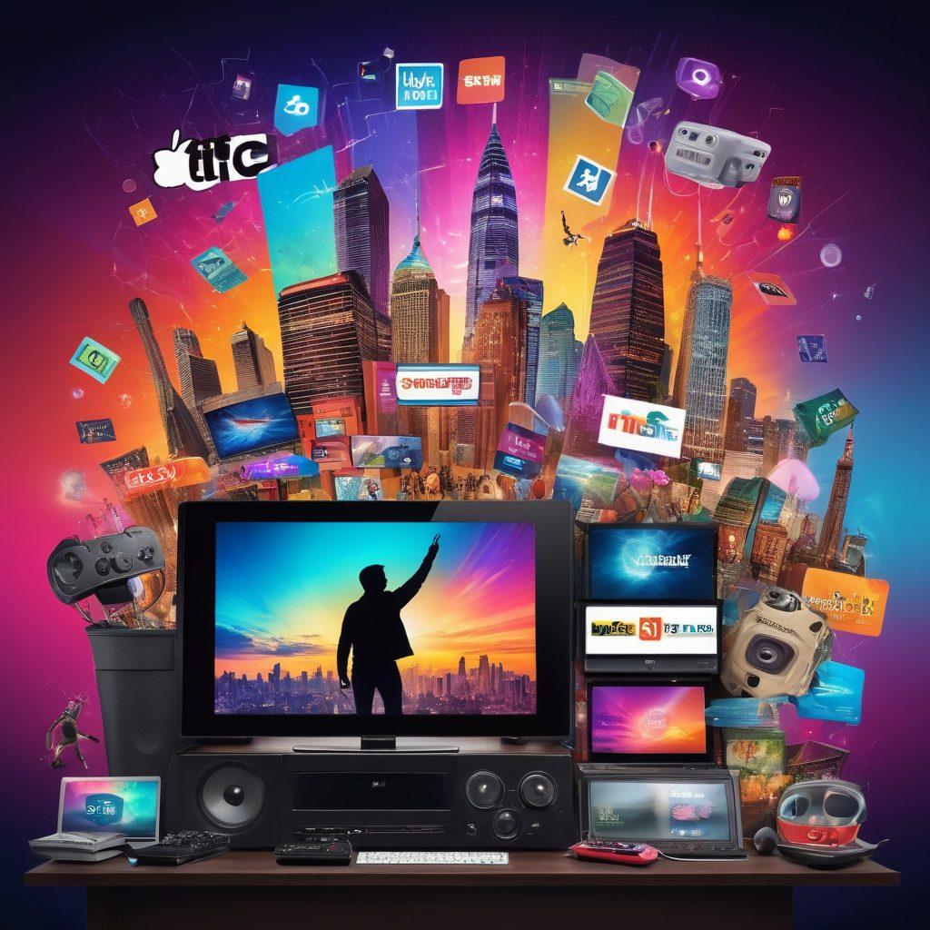 A vibrant collage representing the excitement of digital entertainment, featuring streaming devices like smart TVs and tablets, lively vlogs in action with enthusiastic creators, and elements of pop culture such as movie tickets, musical notes, and gaming controllers. The background transitions from a bright city skyline to a cozy home atmosphere, symbolizing the shift from traditional to digital media. colorful illustration, dynamic composition, modern graphic design.